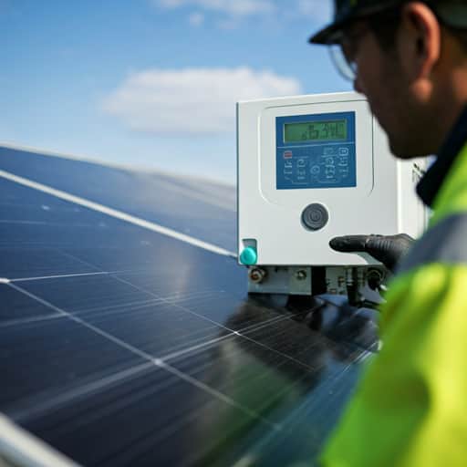 Technician inspecting solar inverter