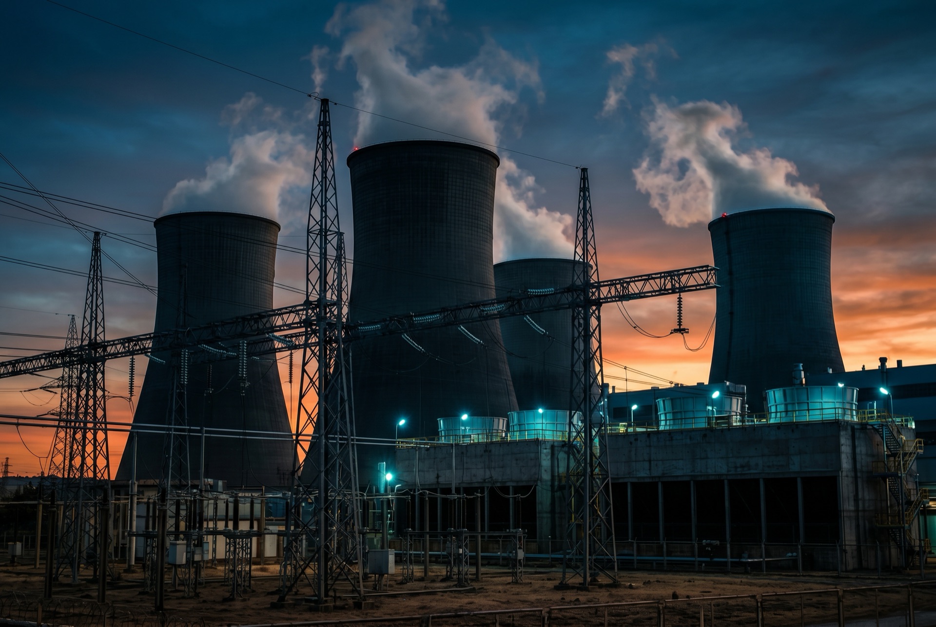 Power plant cooling towers at dusk