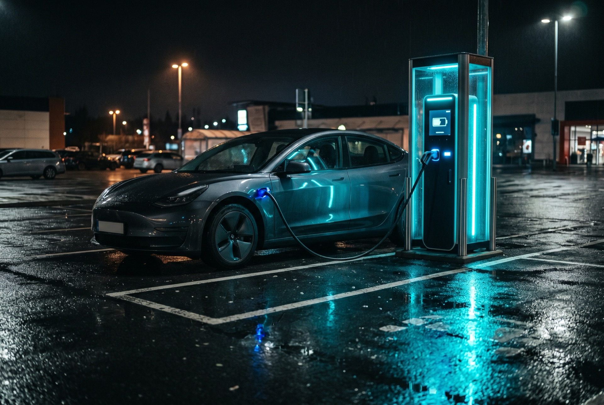 Electric vehicle charging station at night