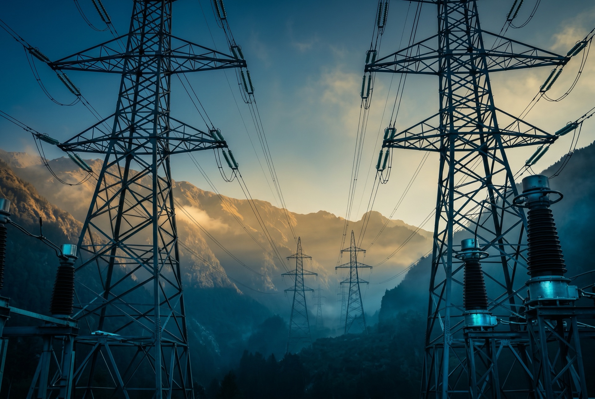 High-voltage transmission lines crossing mountains