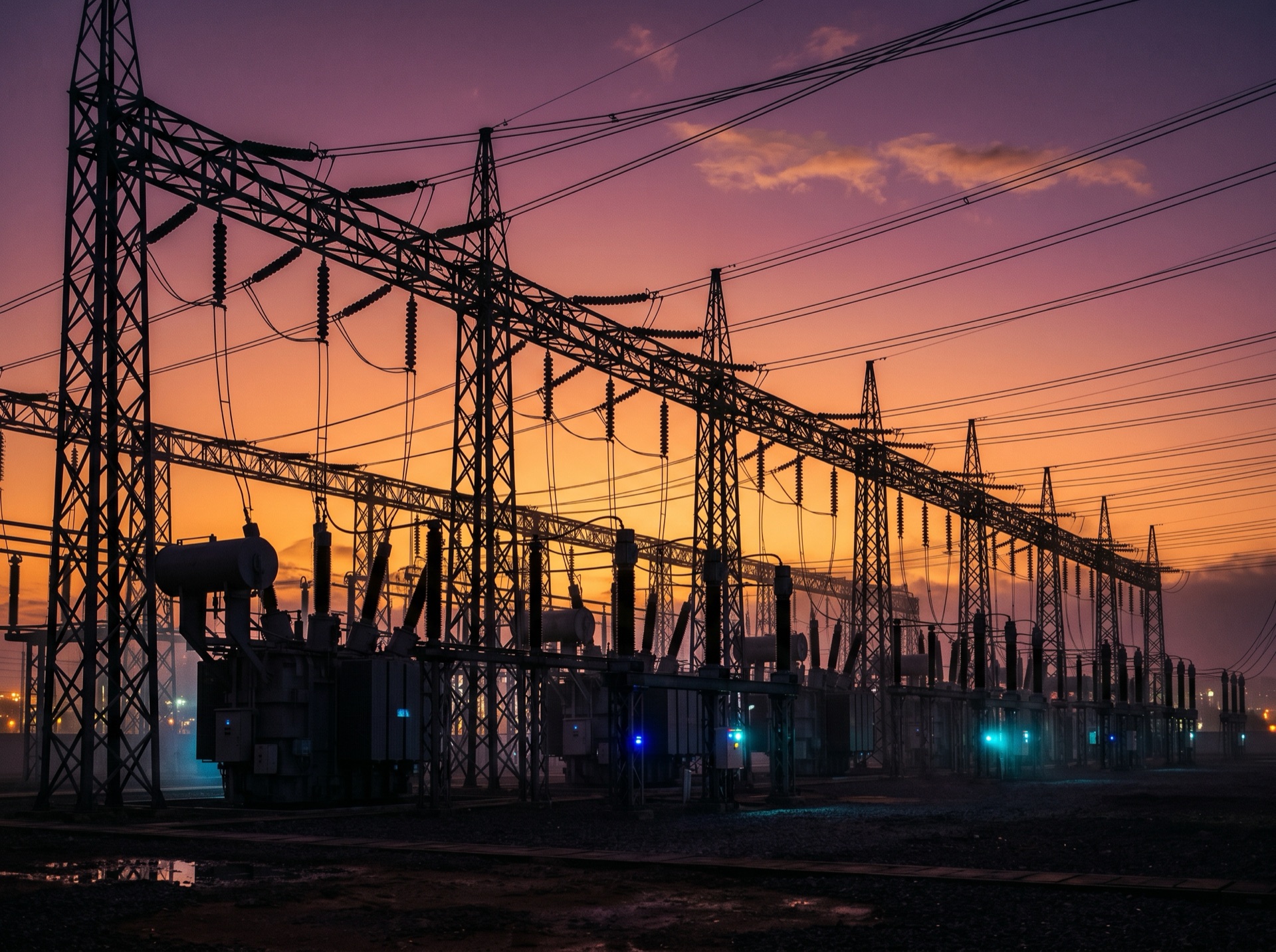 Power distribution substation at dusk