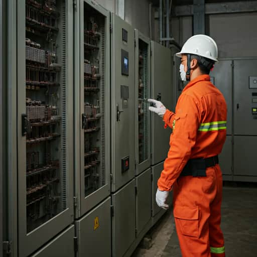 Team of electricians in safety gear